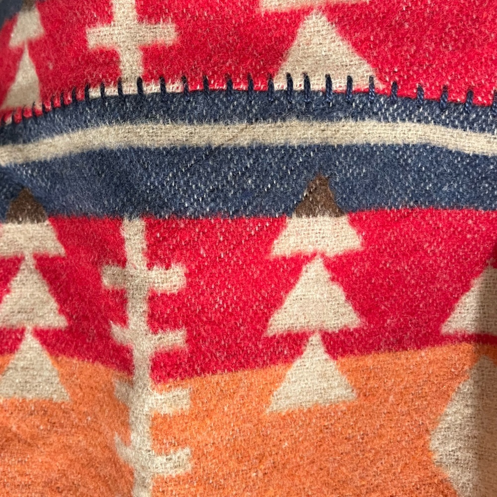NEW Rhonda Stark denim Zuni flounce wrap wool blend Aztec pattern - Picture 10 of 10